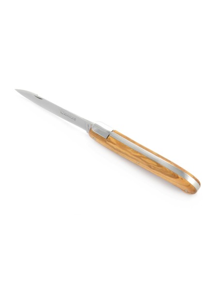 Laguiole pliant "Antique" 12 cm, abeille forgée lisse, plein manche inox brillant, manche en bois d'olivier