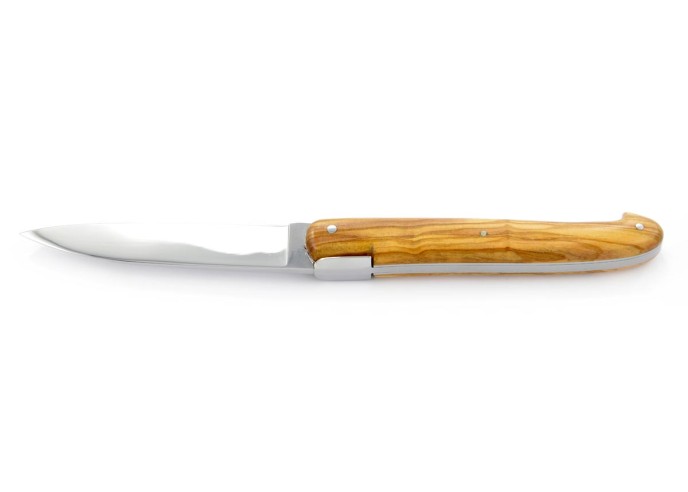Laguiole pliant "Antique" 12 cm, abeille forgée lisse, plein manche inox brillant, manche en bois d'olivier