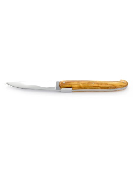 Laguiole pliant "Antique" 12 cm, abeille forgée lisse, plein manche inox brillant, manche en bois d'olivier