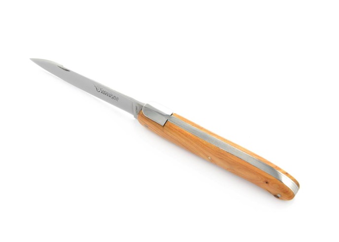Laguiole pliant "Antique" 12 cm, abeille forgée lisse, plein manche inox brillant, manche genévrier cade