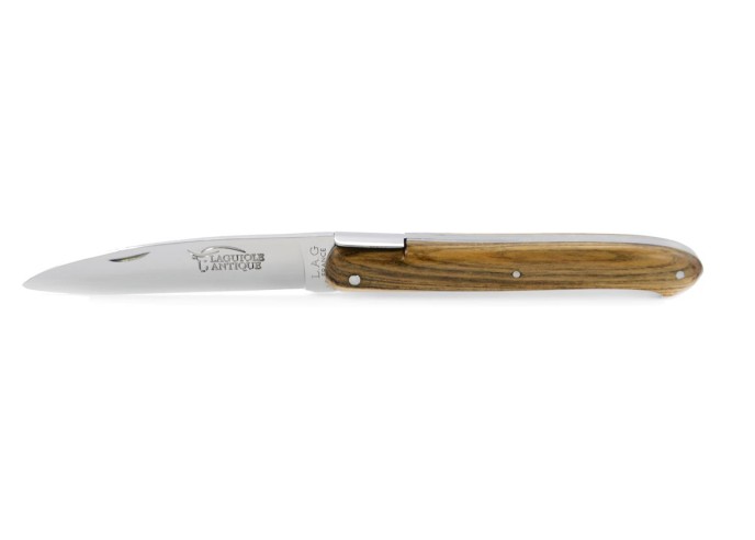 Laguiole pliant "Antique" 12 cm, abeille forgée lisse, plein manche inox brillant, manche pistachier