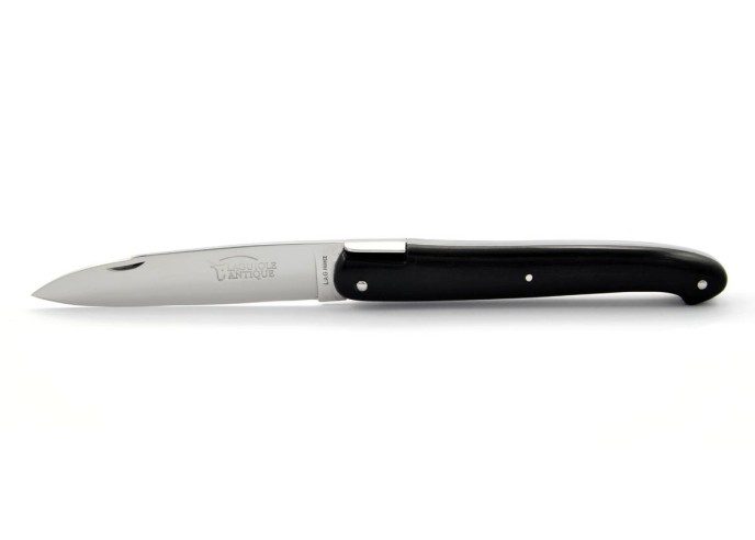 Laguiole pliant "Antique" 12 cm, abeille forgée lisse, plein manche inox brillant, manche bois d'ébène