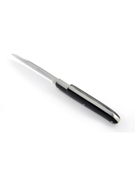 Laguiole pliant "Antique" 12 cm, abeille forgée lisse, plein manche inox brillant, manche pointe de corne (foncée)