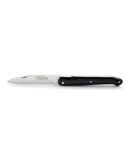 Laguiole pliant "Antique" 12 cm, abeille forgée lisse, plein manche inox brillant, manche pointe de corne (foncée)
