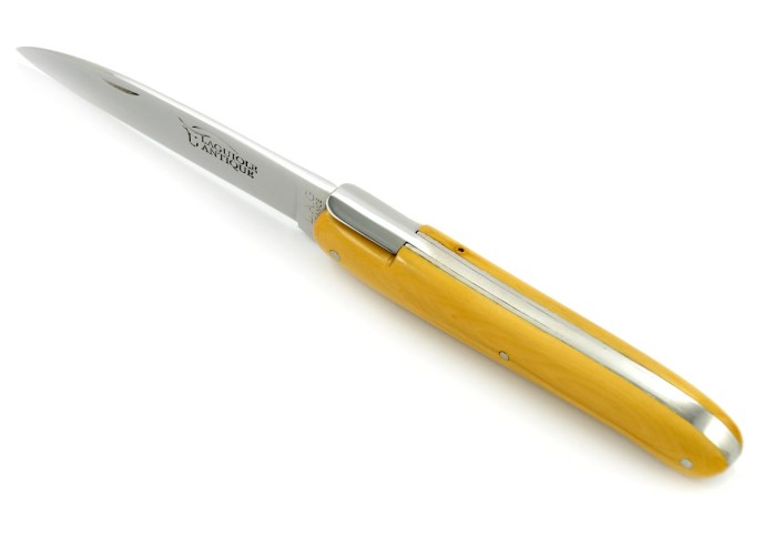 Laguiole pliant "Antique" 12 cm, abeille forgée lisse, plein manche inox brillant, manche buis