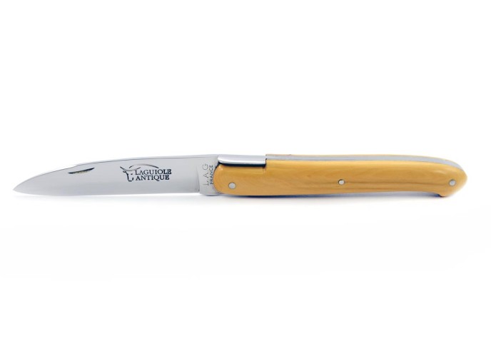 Laguiole pliant "Antique" 12 cm, abeille forgée lisse, plein manche inox brillant, manche buis