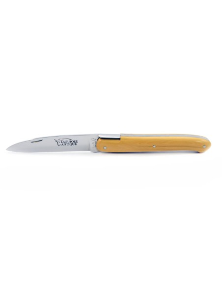 Laguiole pliant "Antique" 12 cm, abeille forgée lisse, plein manche inox brillant, manche buis