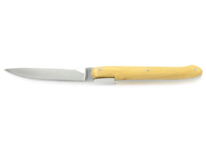 Laguiole pliant "Antique" 12 cm, abeille forgée lisse, plein manche inox brillant, manche buis