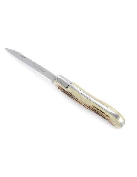 Laguiole pliant "Antique" 12 cm, abeille forgée lisse, plein manche inox brillant, manche bois de cerf