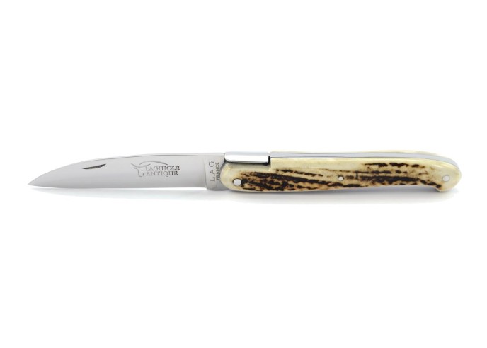 Laguiole pliant "Antique" 12 cm, abeille forgée lisse, plein manche inox brillant, manche bois de cerf