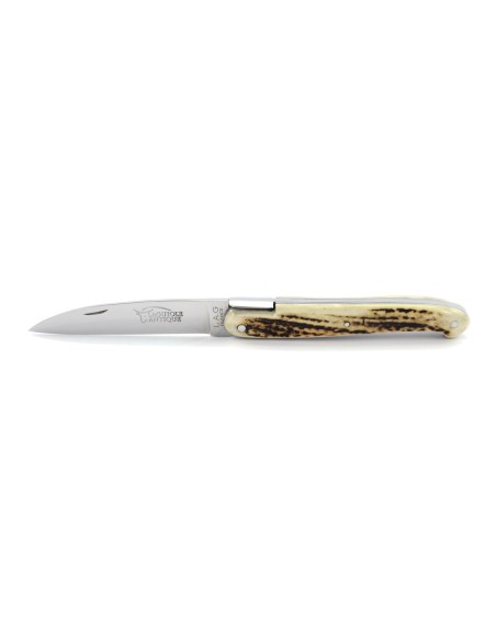 Laguiole pliant "Antique" 12 cm, abeille forgée lisse, plein manche inox brillant, manche bois de cerf