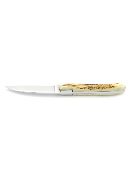 Laguiole pliant "Antique" 12 cm, abeille forgée lisse, plein manche inox brillant, manche bois de cerf