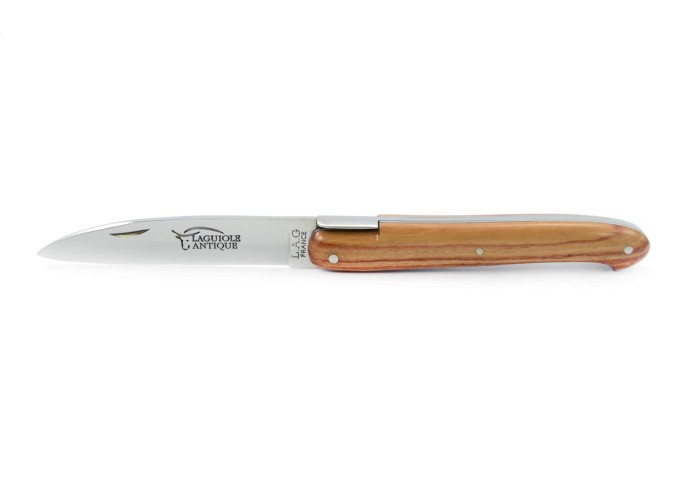 Laguiole pliant "Antique" 12 cm, abeille forgée lisse, plein manche inox brillant, manche bois de rose