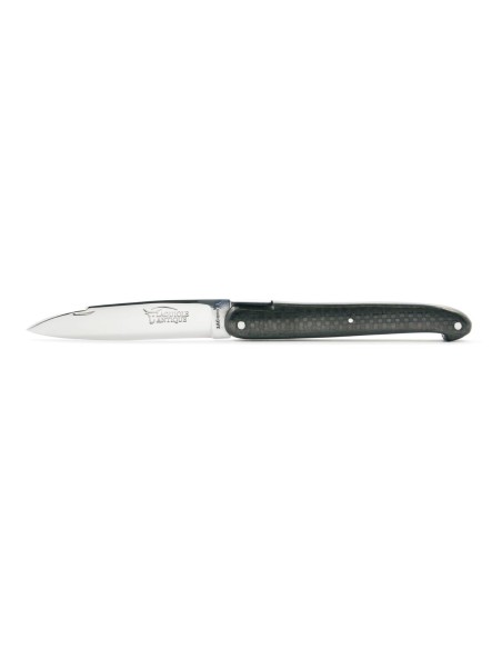 Laguiole pliant "Antique" 12 cm, abeille forgée lisse, plein manche inox brillant, manche fibre de carbone