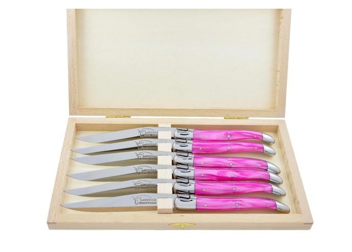 Coffret de couteaux de table Laguiole avec mitres inox brillant, manche fin en acrylique rose