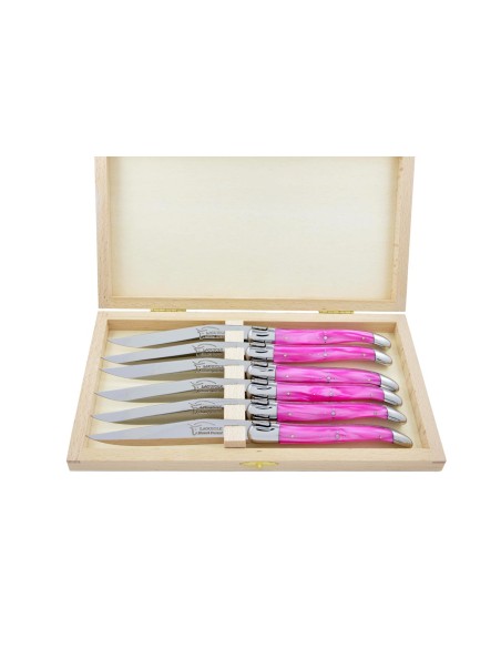 Coffret de couteaux de table Laguiole avec mitres inox brillant, manche fin en acrylique rose