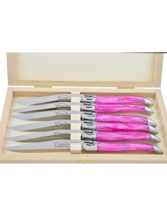 Coffret de couteaux de table Laguiole avec mitres inox brillant, manche fin en acrylique rose 2