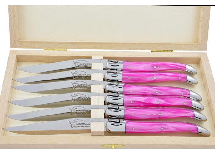 Coffret de couteaux de table Laguiole avec mitres inox brillant, manche fin en acrylique rose