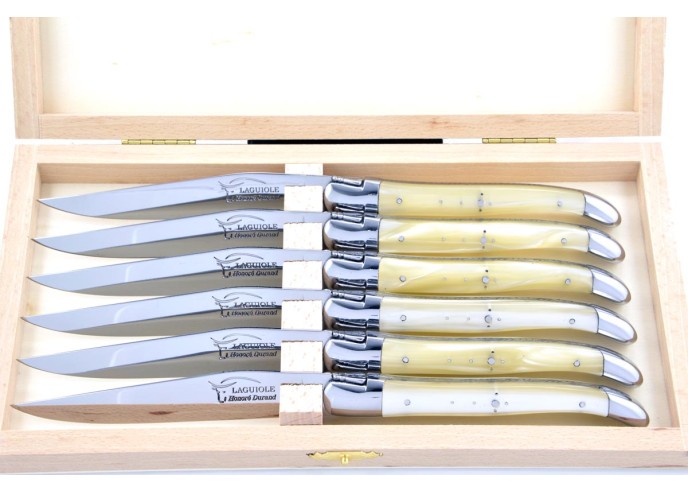 Coffret de couteaux de table Laguiole avec mitres inox brillant, manche fin en acrylique ténéré