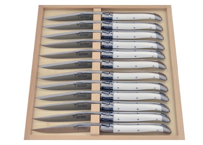 Coffret de couteaux de table avec mitres inox brillant, lavables en machine, manche fin en corian blanc