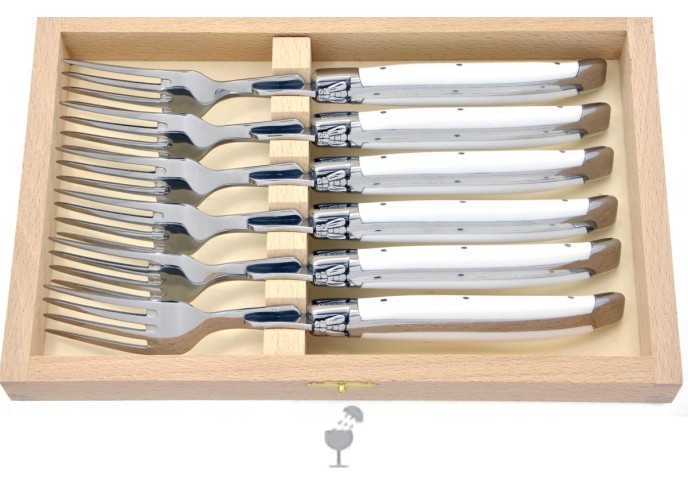 Coffret de fourchettes de table Laguiole, mitres inox brillant, manche fin en corian blanc
