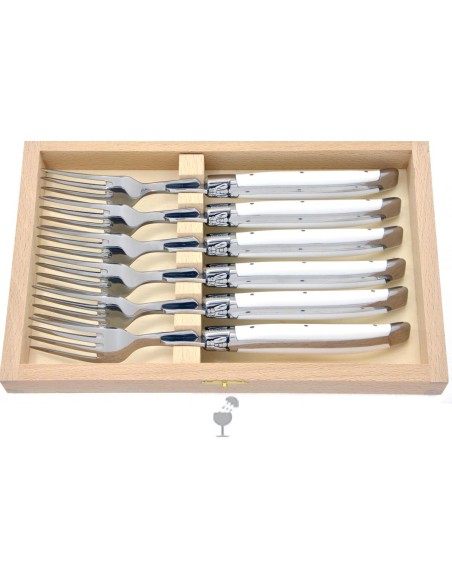Coffret de fourchettes de table Laguiole, mitres inox brillant, manche fin en corian blanc