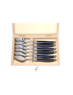 Petites cuillères Laguiole avec manche en corian noir et mitres inox brillant. Lavables en machine.