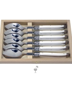 Cuillères à soupe Laguiole avec manche en corian blanc et mitres inox brillant. Lavables en machine.