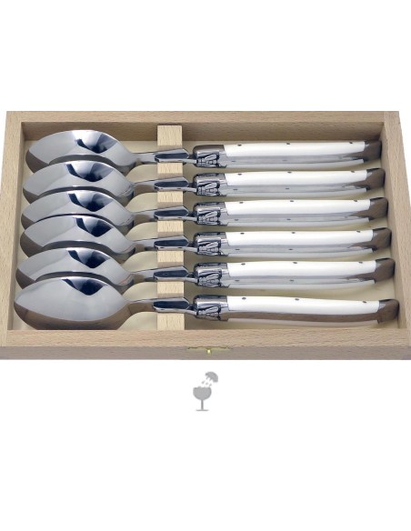 Cuillères à soupe Laguiole avec manche en corian blanc et mitres inox brillant. Lavables en machine.