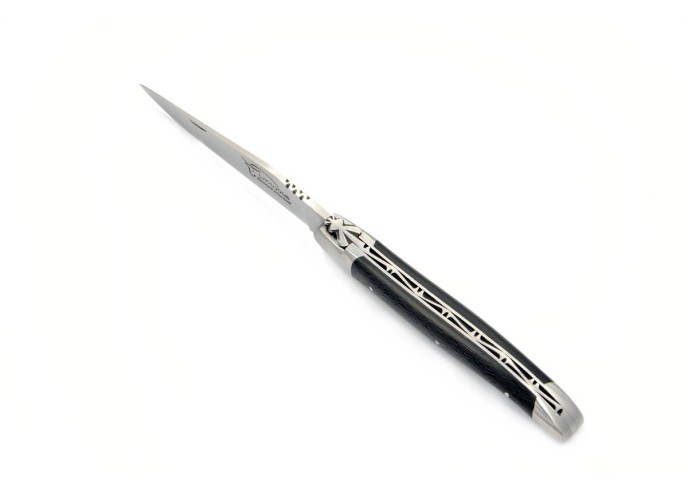 Laguiole pliant, 12 cm, abeille forgée, lame seule, mitres inox mat, manche en fibres de carbone sans croix du berger