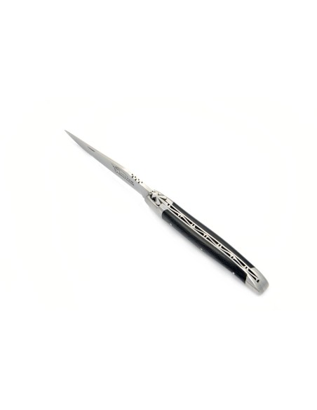 Laguiole pliant, 12 cm, abeille forgée, lame seule, mitres inox mat, manche en fibres de carbone sans croix du berger