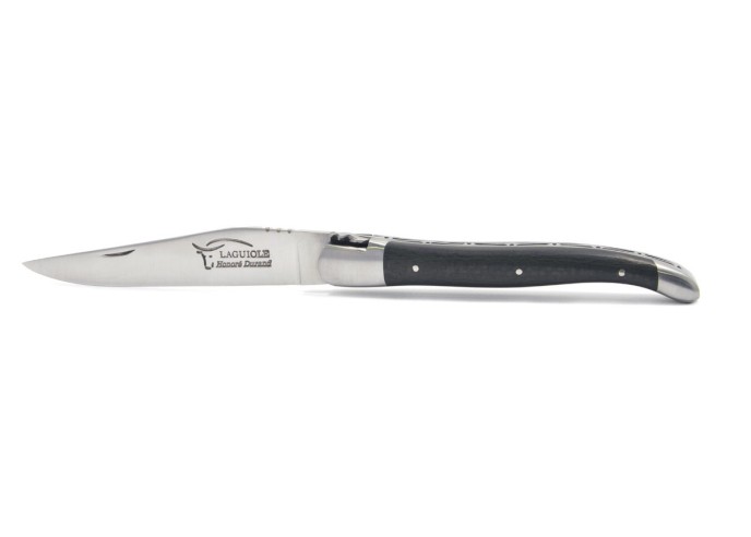 Laguiole pliant, 12 cm, abeille forgée, lame seule, mitres inox mat, manche en fibres de carbone sans croix du berger