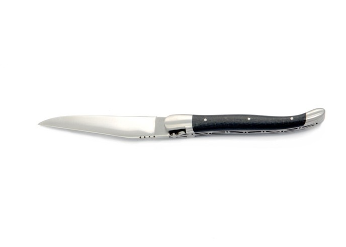 Laguiole pliant, 12 cm, abeille forgée, lame seule, mitres inox mat, manche en fibres de carbone sans croix du berger