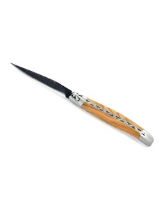 Laguiole pliant, 12 cm, abeille forgée, lame brut de forge, mitres inox mat, manche en olivier