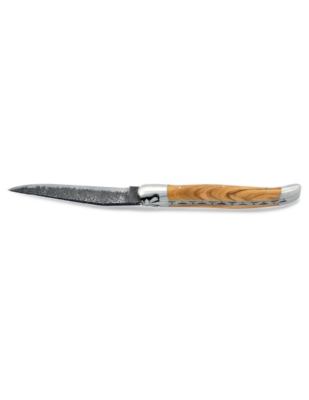 Laguiole pliant, 12 cm, abeille forgée, lame brut de forge, mitres inox mat, manche en olivier