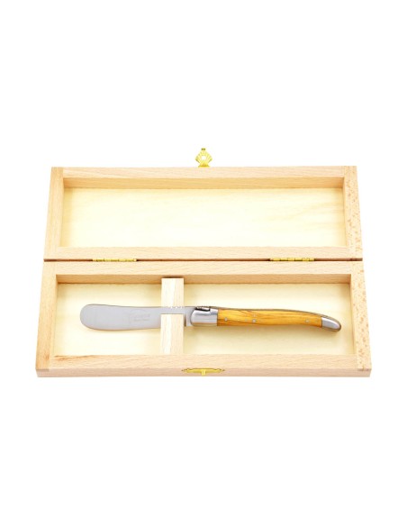 Couteau à beurre Laguiole. Finition inox mat avec manche galbé en bois d'olivier