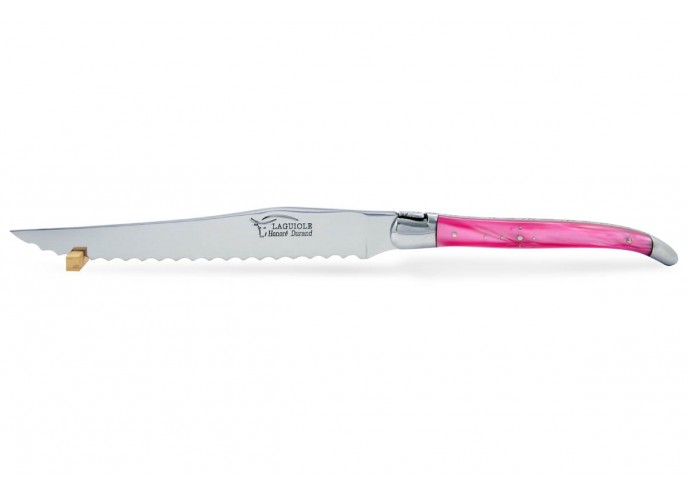 Couteau à pain Laguiole. Finition inox brillant avec manche fin en acrylique rose