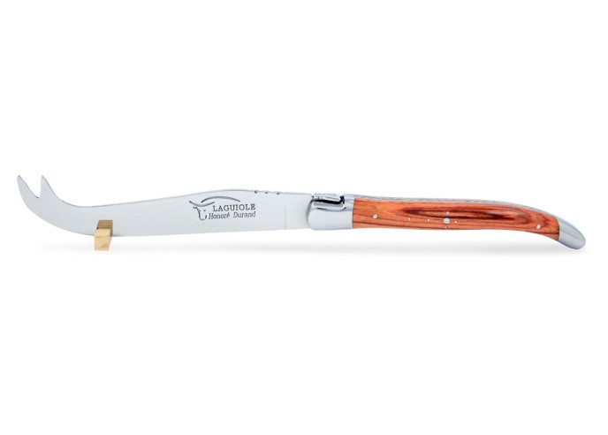 Service à fromage Laguiole. Couteau et fourchette finition inox brillant, manches galbés en bois de rose