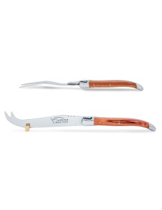 Service à fromage Laguiole. Couteau et fourchette finition inox brillant, manches galbés en bois de rose