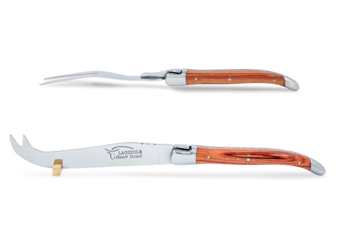Service à fromage Laguiole. Couteau et fourchette finition inox brillant, manches galbés en bois de rose