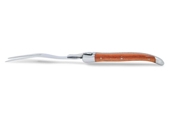 Service à fromage Laguiole. Couteau et fourchette finition inox brillant, manches galbés en bois de rose