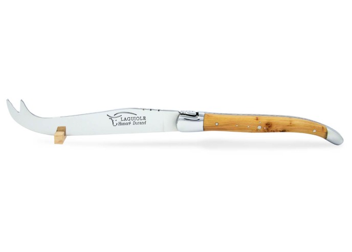 Service à fromage Laguiole. Couteau et fourchette finition inox brillant, manches galbés en genévrier-cade