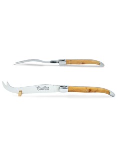 Service à fromage Laguiole. Couteau et fourchette finition inox brillant, manches galbés en genévrier-cade