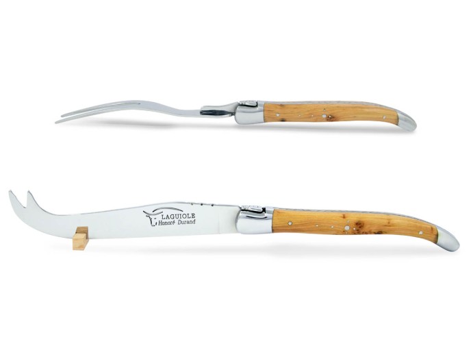 Service à fromage Laguiole. Couteau et fourchette finition inox brillant, manches galbés en genévrier-cade