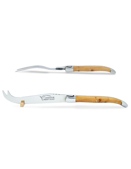 Service à fromage Laguiole. Couteau et fourchette finition inox brillant, manches galbés en genévrier-cade