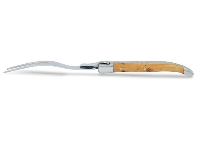 Service à fromage Laguiole. Couteau et fourchette finition inox brillant, manches galbés en genévrier-cade