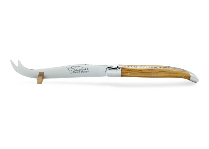 Service à fromage Laguiole. Couteau et fourchette finition inox brillant, manches galbés en bois d'olivier