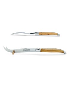 Service à fromage Laguiole. Couteau et fourchette finition inox brillant, manches galbés en bois d'olivier