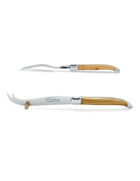 Service à fromage Laguiole. Couteau et fourchette finition inox brillant, manches galbés en bois d'olivier