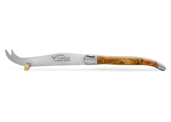 Service à fromage Laguiole. Couteau et fourchette finition inox mat, manches galbés en bois d'olivier